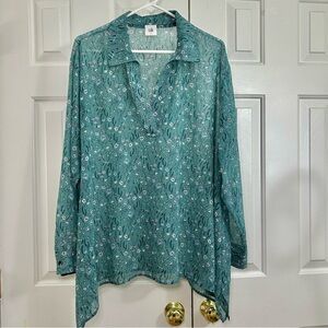 Cabi Green Floral V-Neck Long Sleeve Sheer Women's Top Size Large